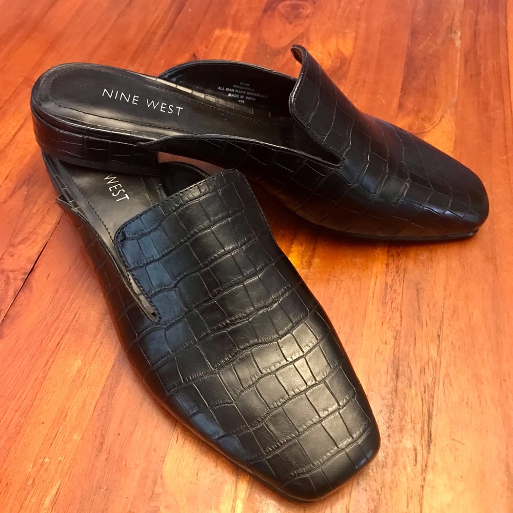 Nine West Faux Croc Mules Black Excellent Condition Size 8.5